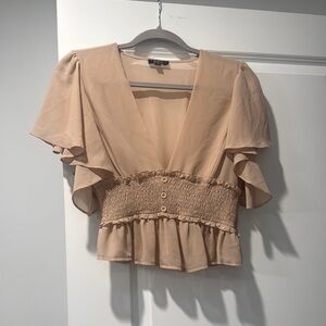 Privy Beige Ruffle Blouse with Smocked Waist